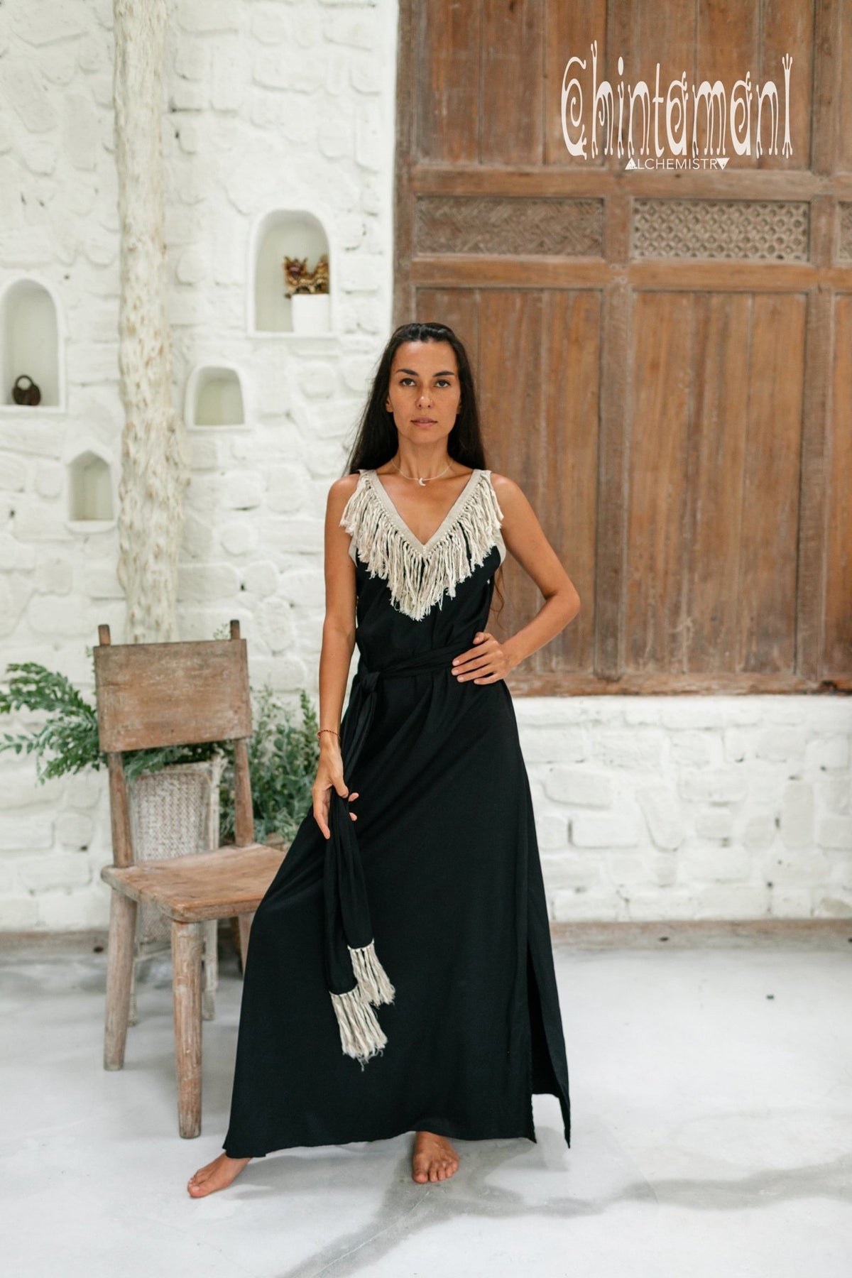 Bamboo Boho Fringe Dress for Women / Black - ChintamaniAlchemi