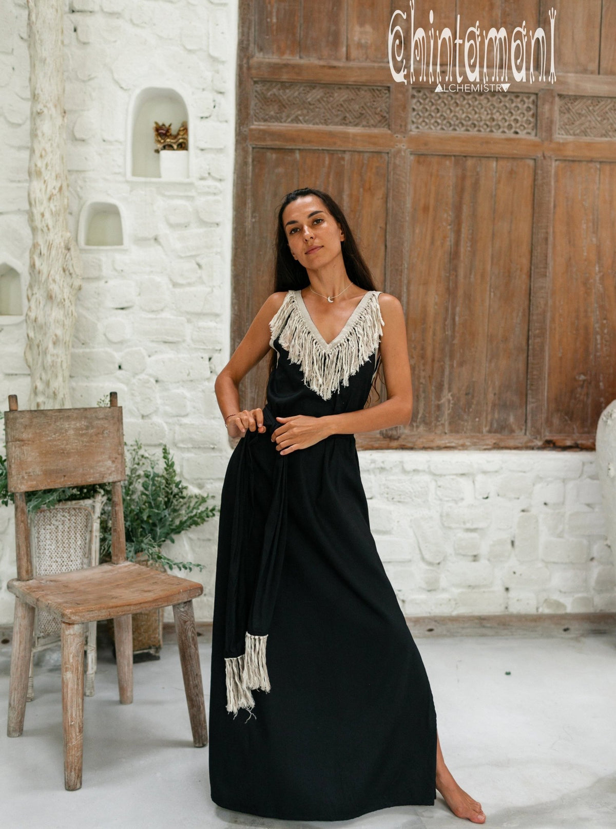 Bamboo Boho Fringe Dress for Women / Black - ChintamaniAlchemi