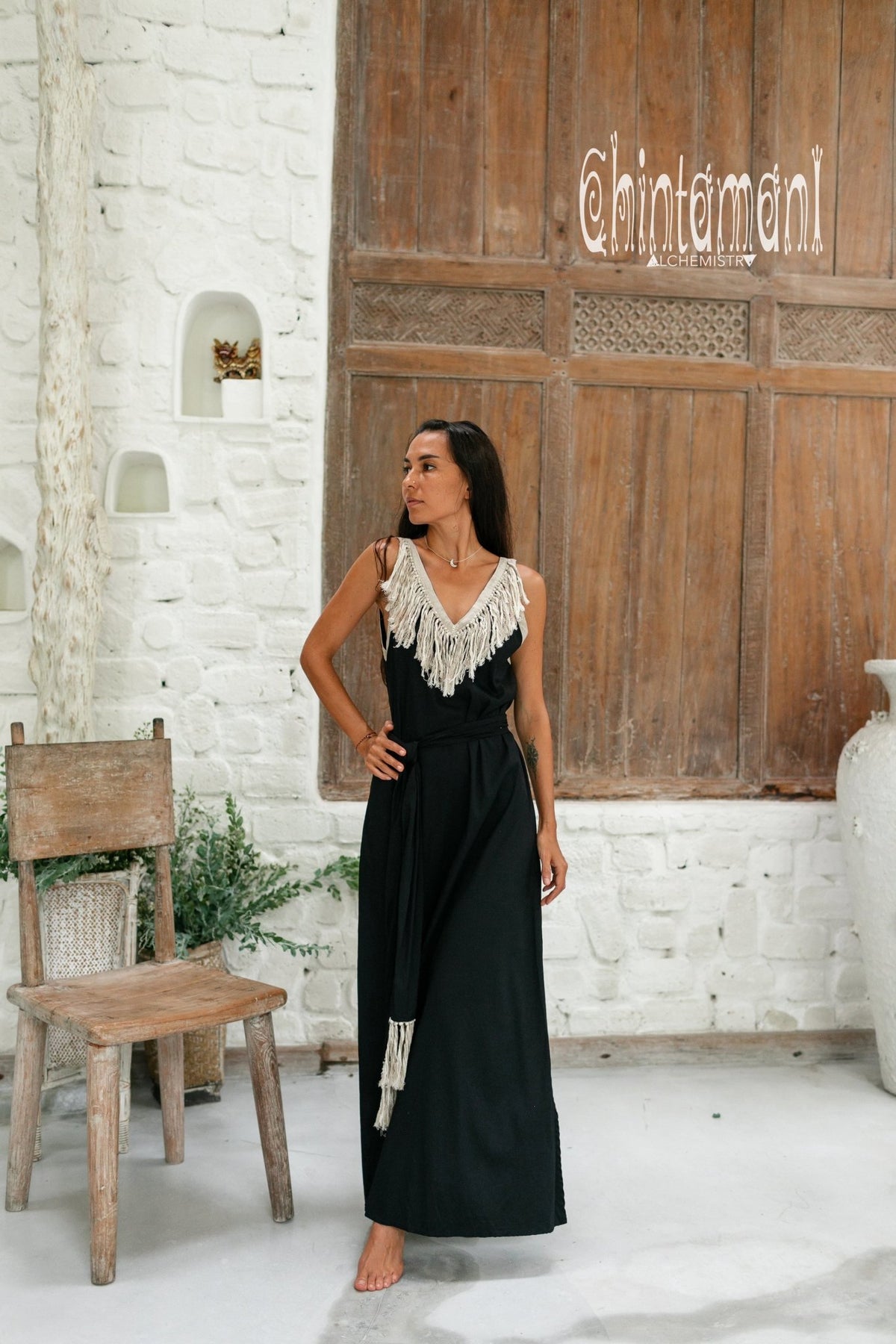 Bamboo Boho Fringe Dress for Women / Black - ChintamaniAlchemi