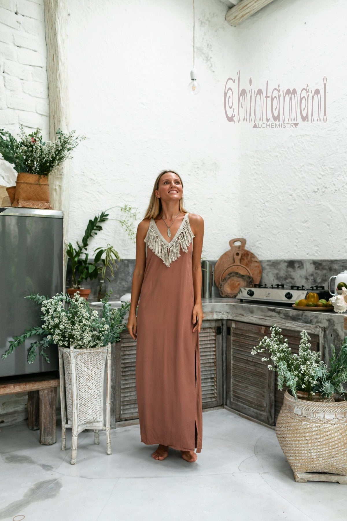 Bamboo Boho Fringe Dress for Women / Dusty Pink - ChintamaniAlchemi