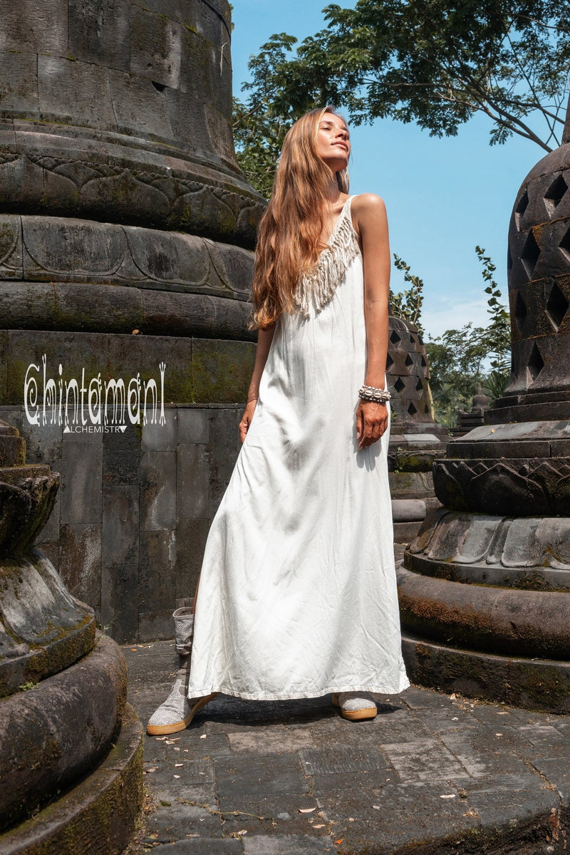 Bamboo Boho Fringe Dress for Women / Off White - ChintamaniAlchemi