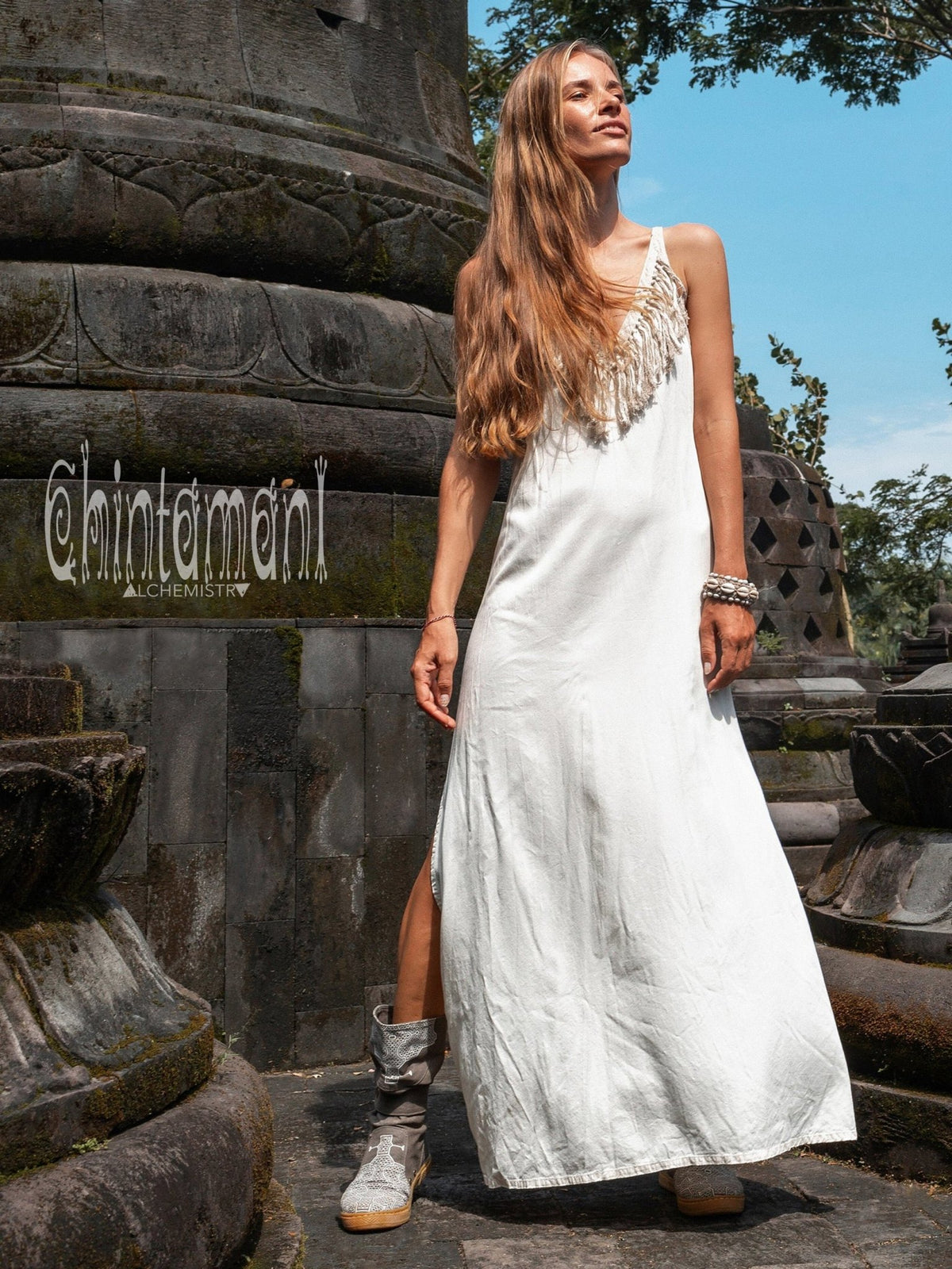 Bamboo Boho Fringe Dress for Women / Off White - ChintamaniAlchemi