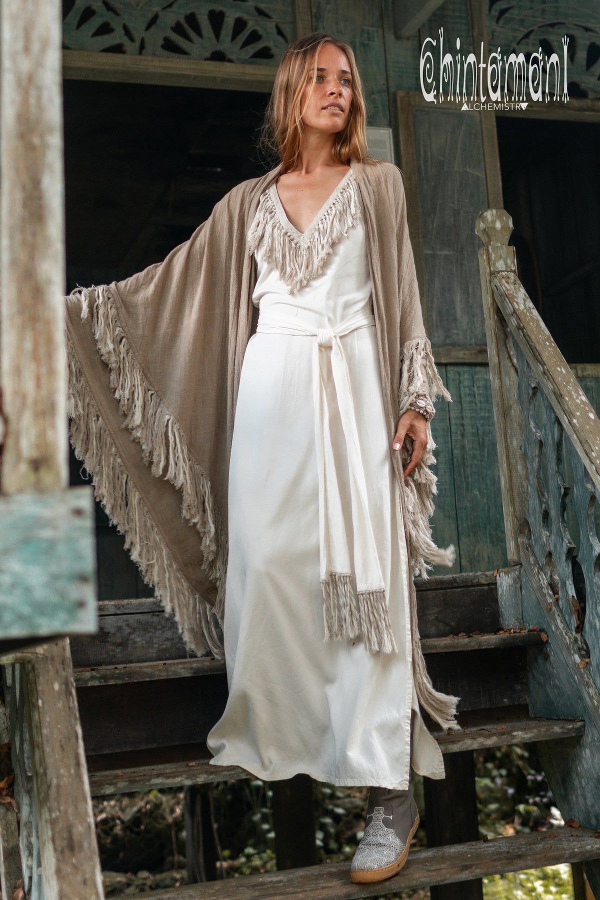 Bamboo Boho Fringe Dress for Women / Off White - ChintamaniAlchemi