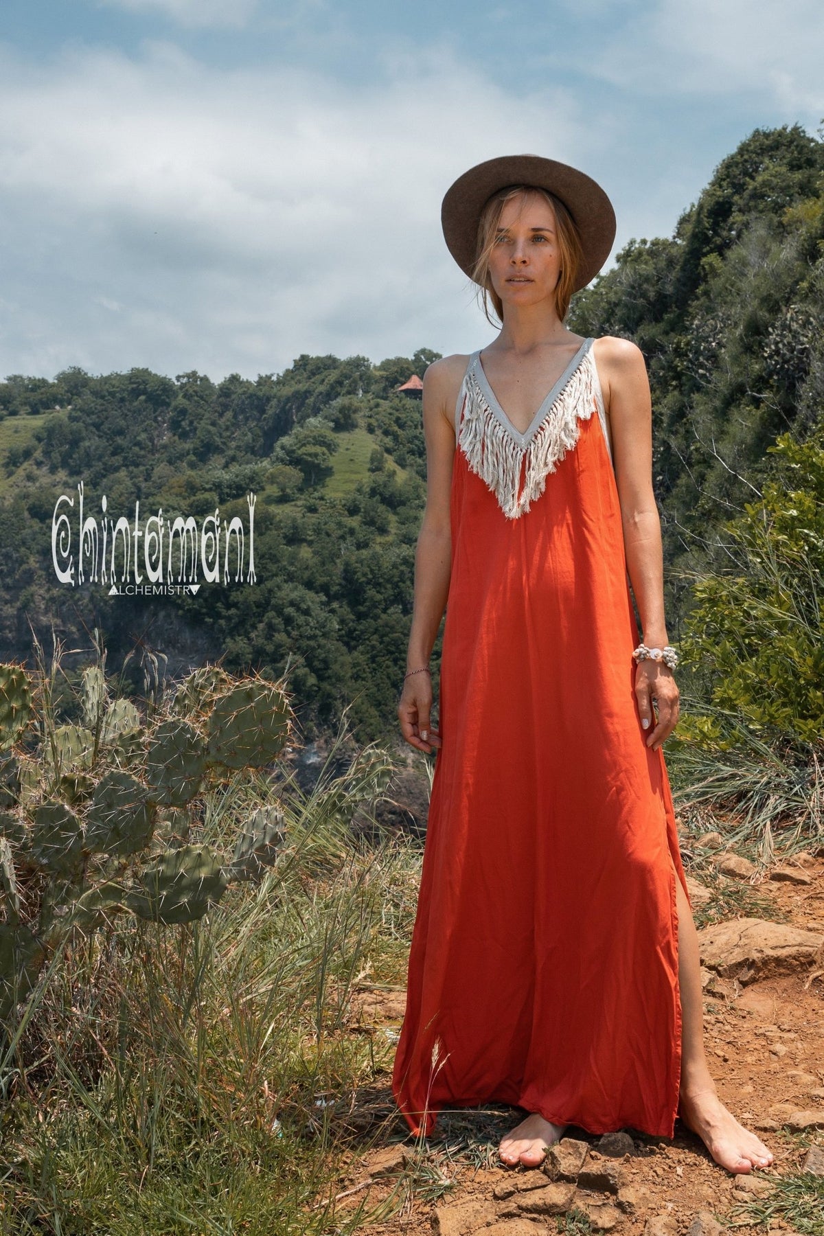 Bamboo Boho Fringe Dress for Women / Red Ochre - ChintamaniAlchemi