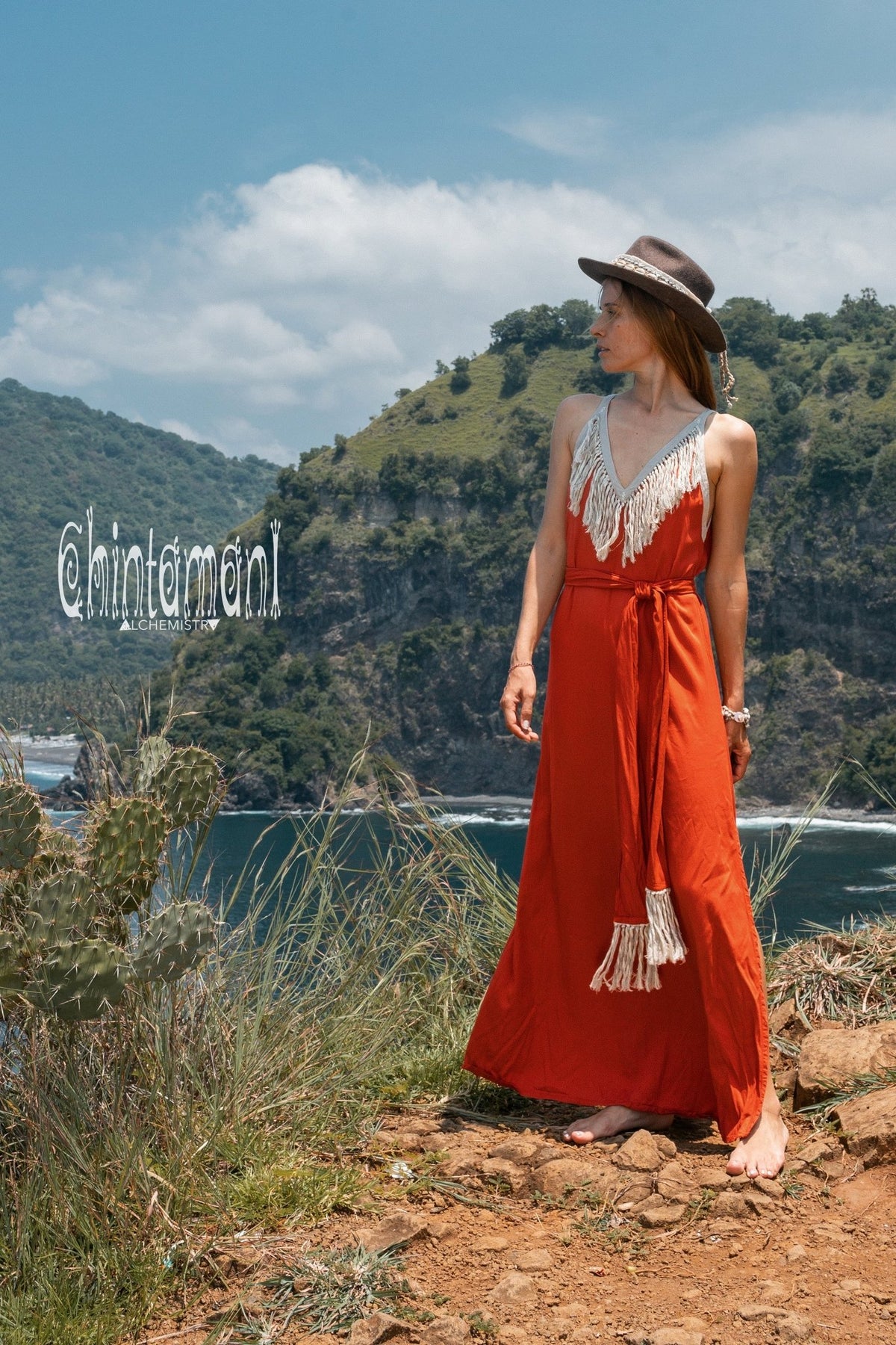 Bamboo Boho Fringe Dress for Women / Red Ochre - ChintamaniAlchemi