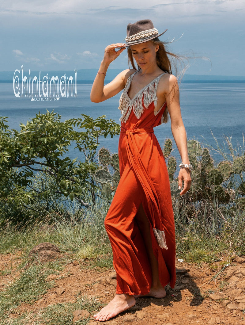 Bamboo Boho Fringe Dress for Women / Red Ochre - ChintamaniAlchemi