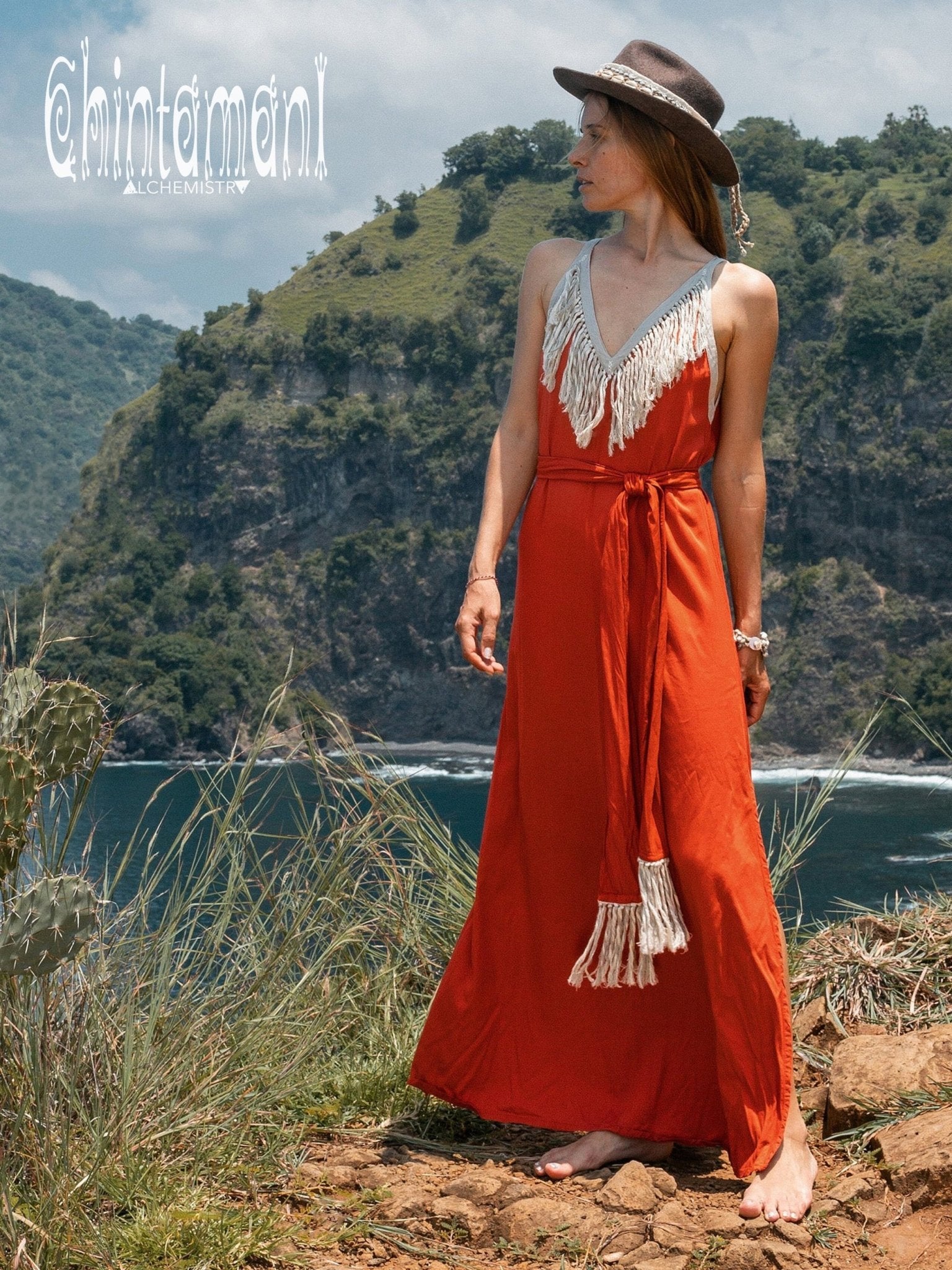 Bamboo Boho Fringe Dress for Women / Red Ochre - ChintamaniAlchemi