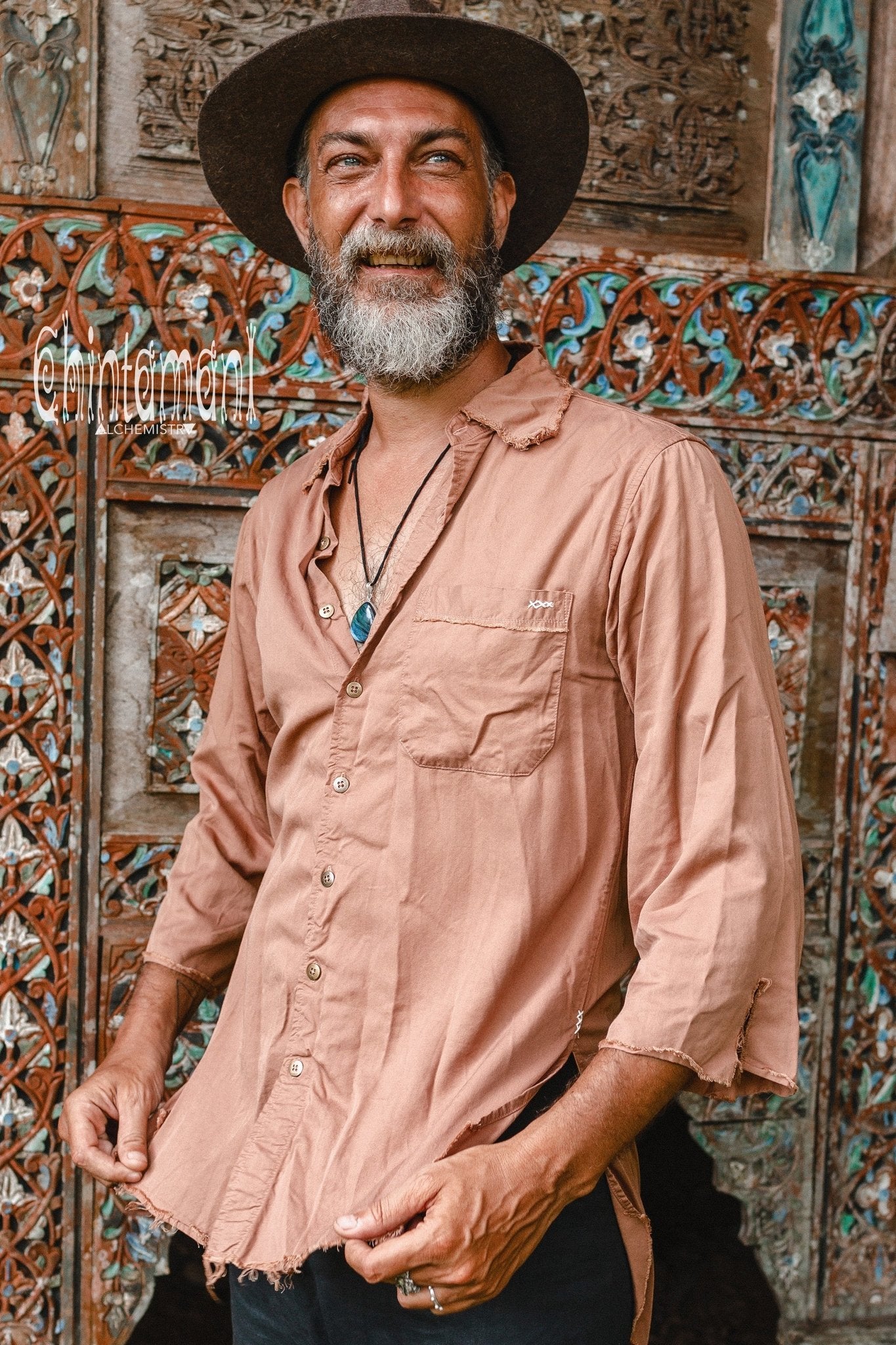 Cotton Boho Shirt for Men with 3 4 sleeves Dusty Pink ChintamaniAlchemi