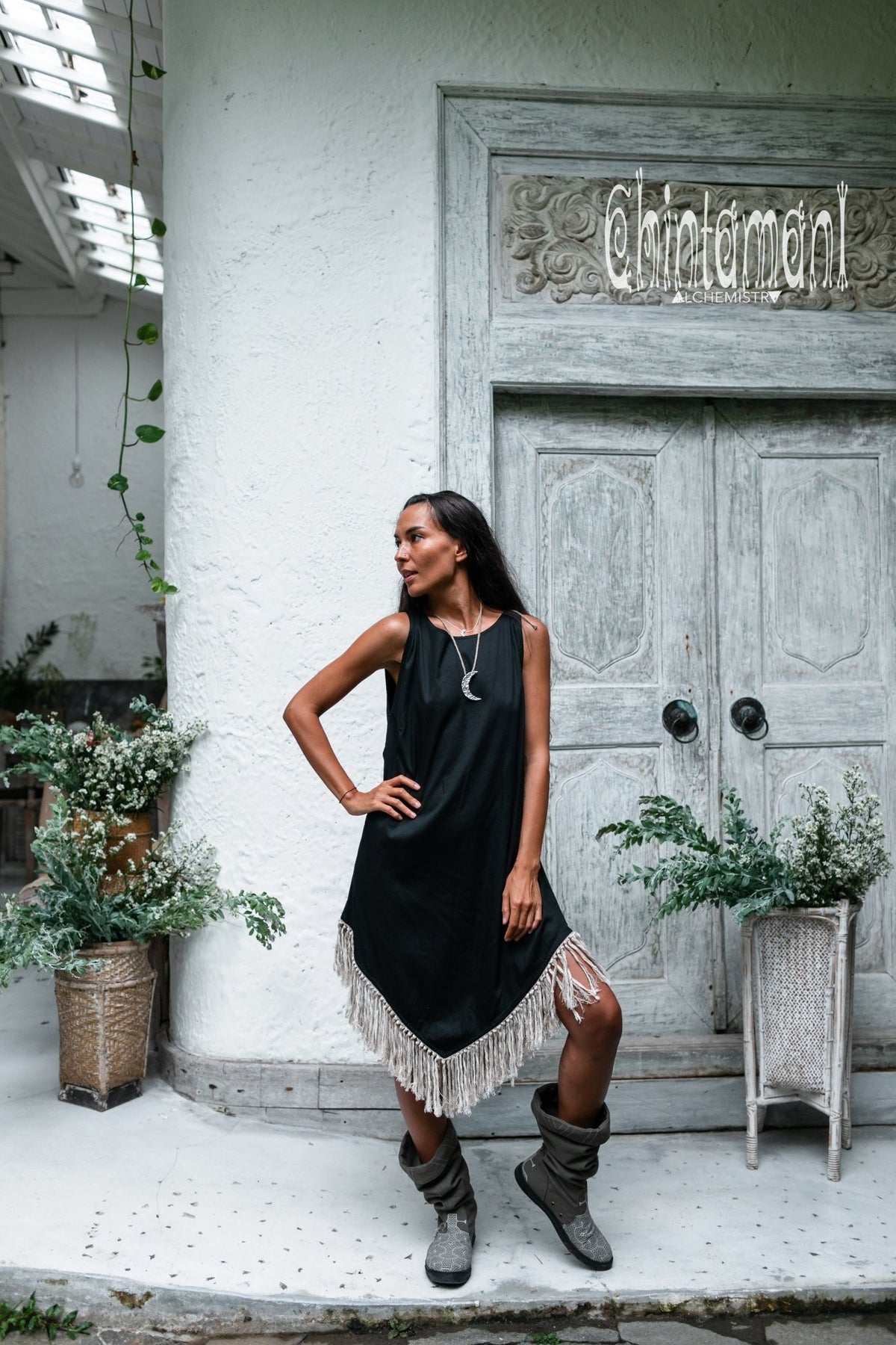 Bamboo Corner Fringe Dress for Women / Black - ChintamaniAlchemi
