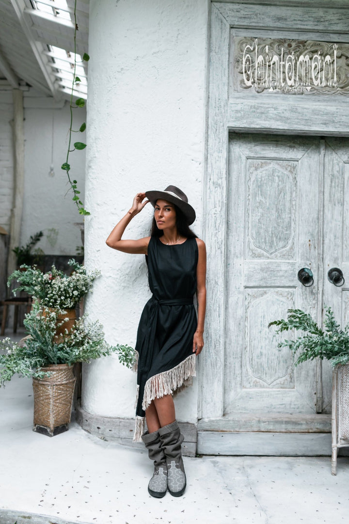 Bamboo Corner Fringe Dress for Women / Black - ChintamaniAlchemi