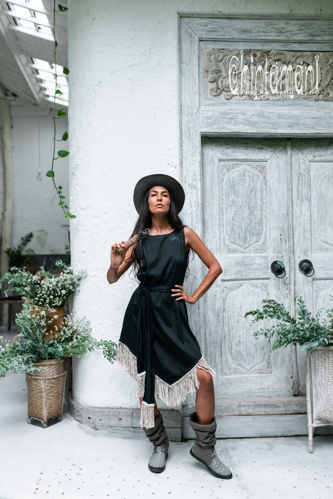Bamboo Corner Fringe Dress for Women / Black - ChintamaniAlchemi