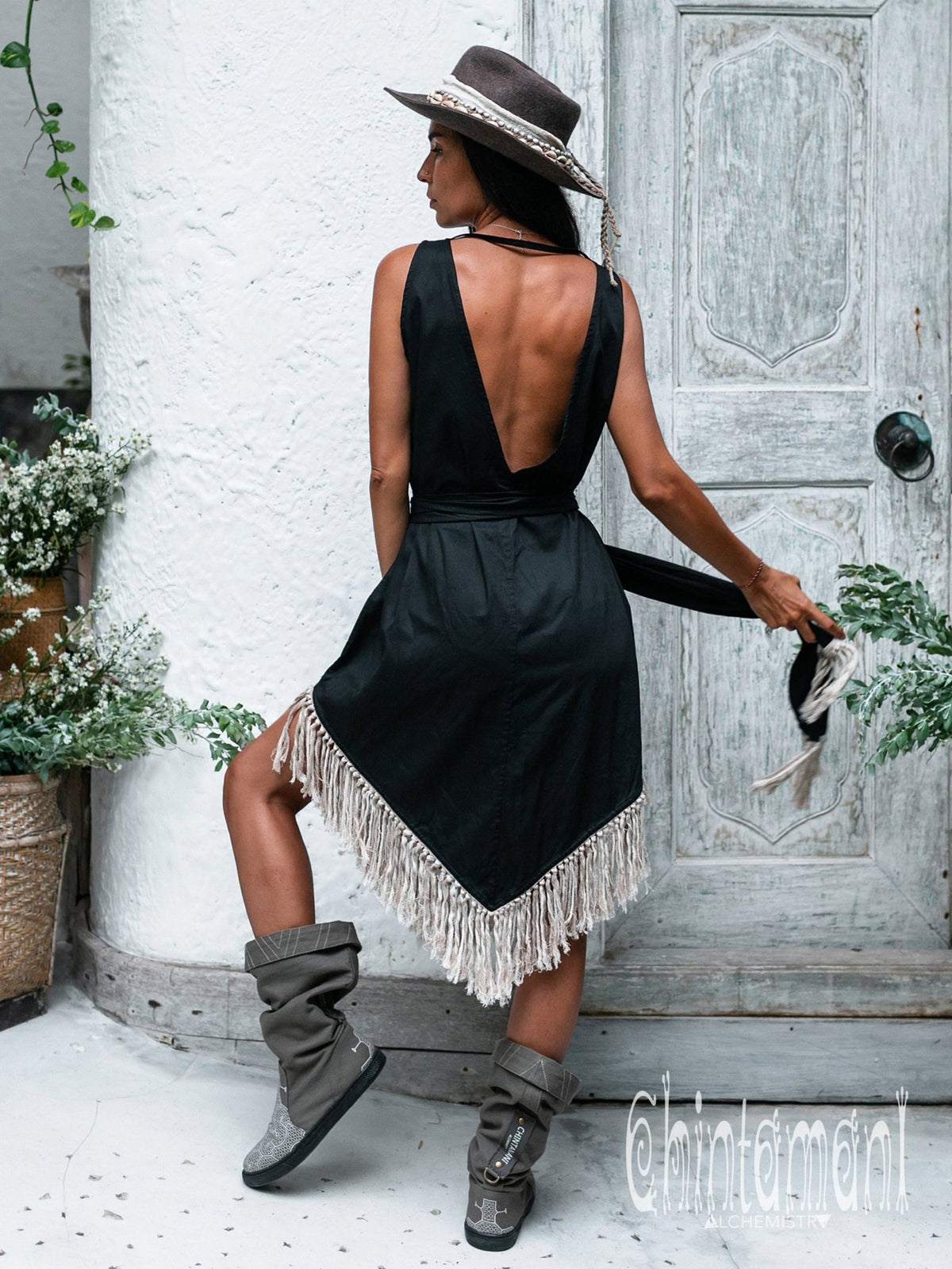 Bamboo Corner Fringe Dress for Women / Black - ChintamaniAlchemi