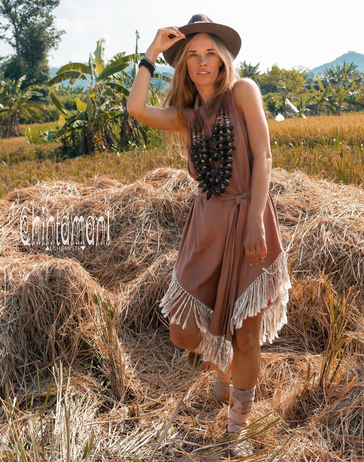 Bamboo Corner Fringe Dress for Women / Dusty Pink - ChintamaniAlchemi