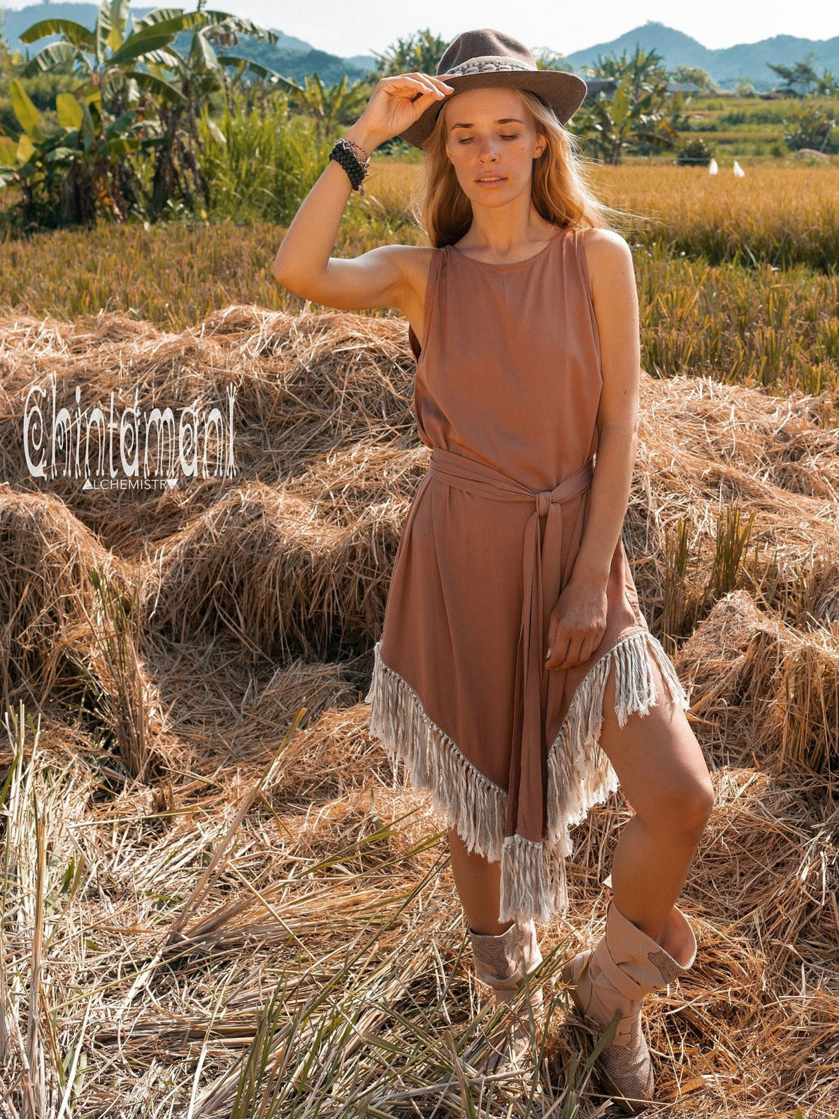 Bamboo Corner Fringe Dress for Women / Dusty Pink - ChintamaniAlchemi
