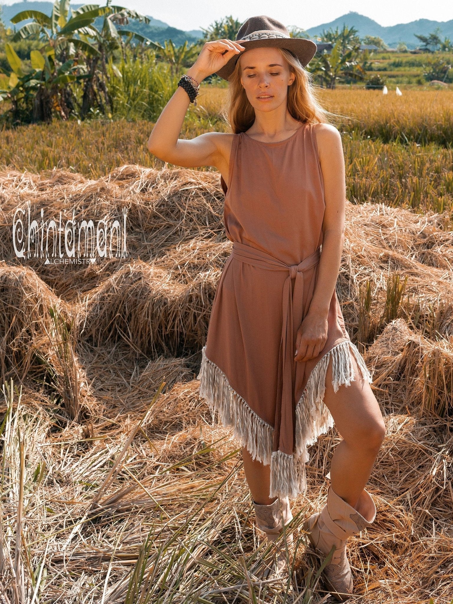Bamboo Corner Fringe Dress for Women / Dusty Pink - ChintamaniAlchemi