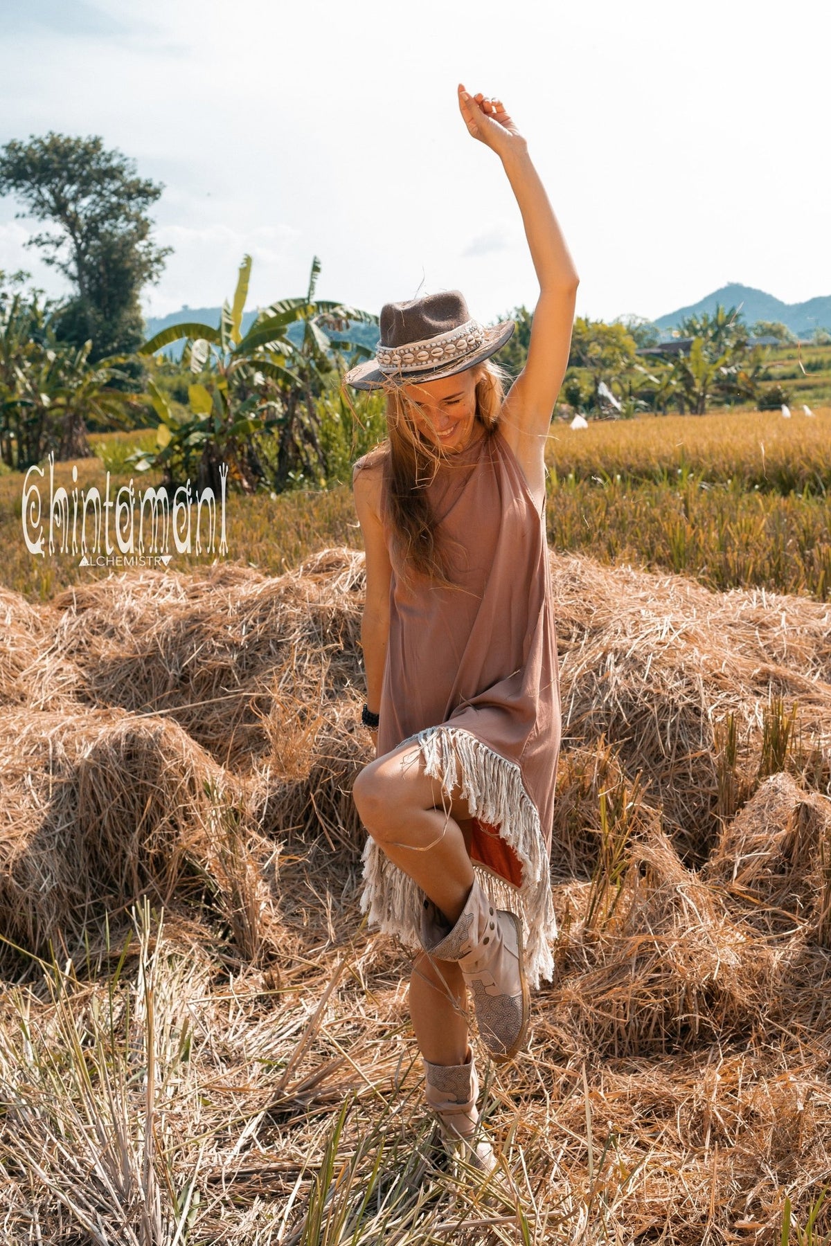 Bamboo Corner Fringe Dress for Women / Dusty Pink - ChintamaniAlchemi