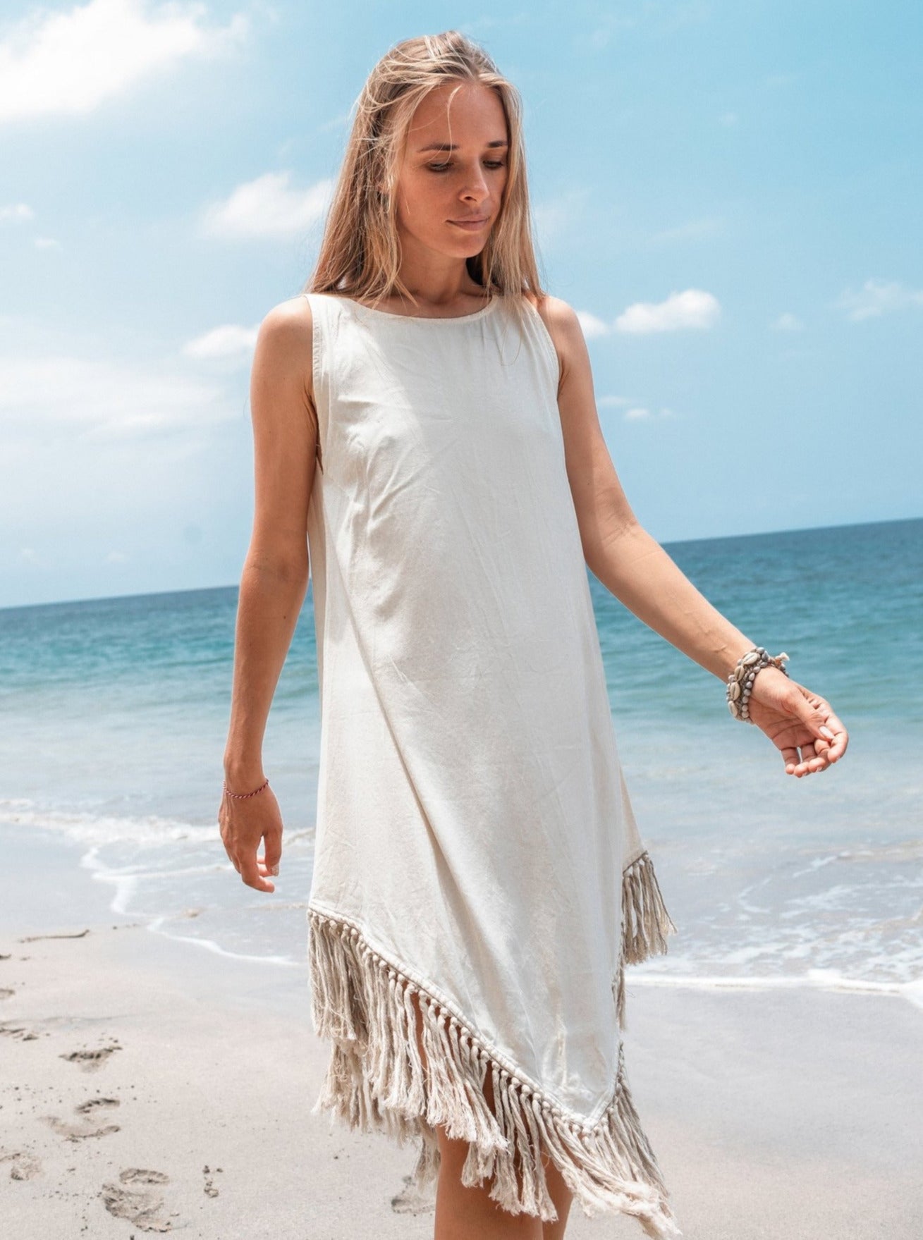 Cotton Corner Fringe Dress for Women Off White ChintamaniAlchemi