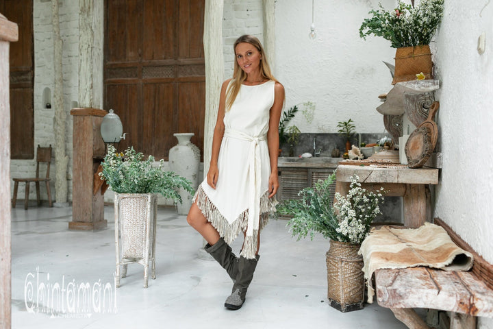 Bamboo Corner Fringe Dress for Women / Off White - ChintamaniAlchemi