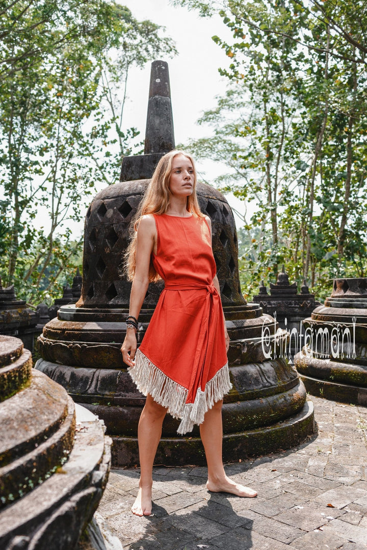 Bamboo Corner Fringe Dress for Women / Red Ochre - ChintamaniAlchemi