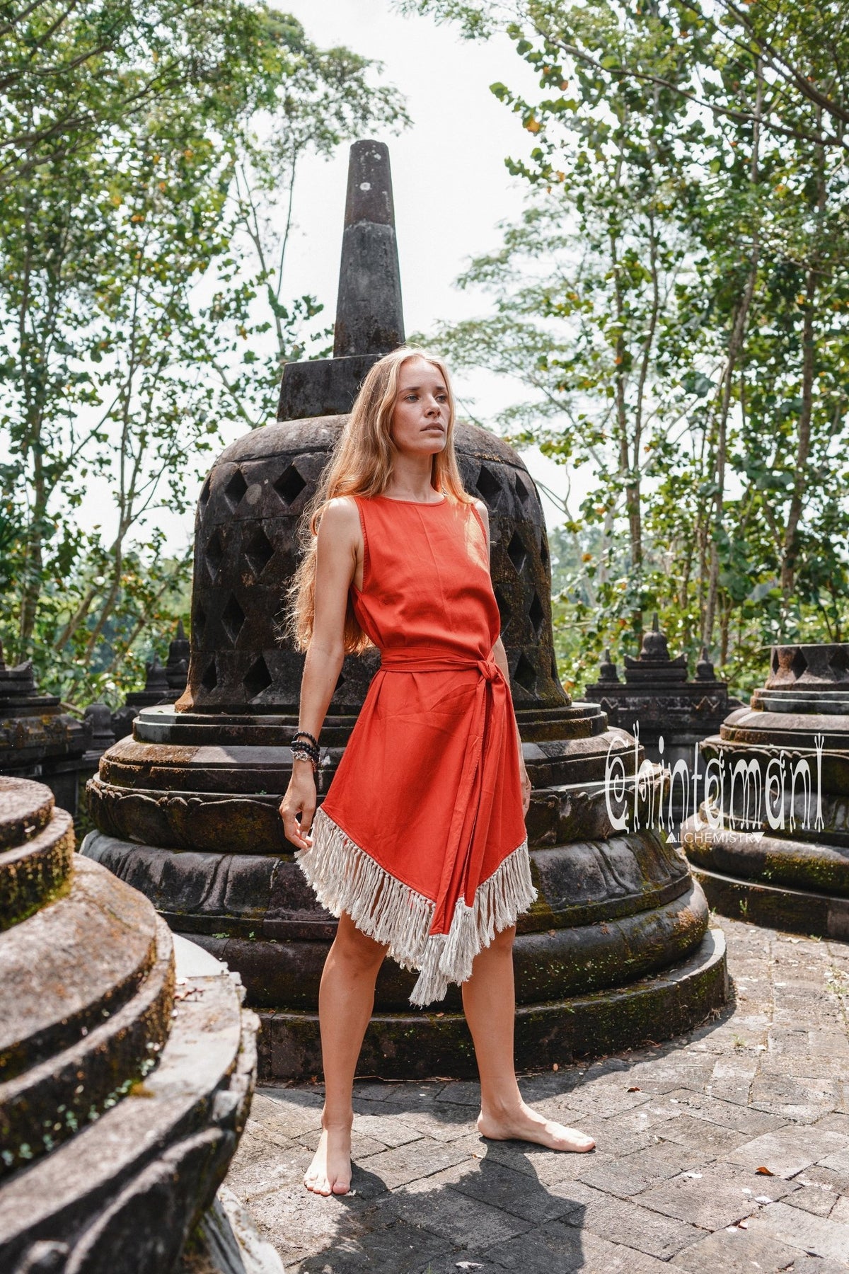 Bamboo Corner Fringe Dress for Women / Red Ochre - ChintamaniAlchemi