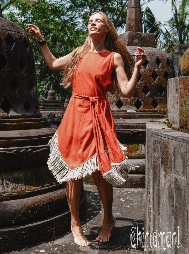 Bamboo Corner Fringe Dress for Women / Red Ochre - ChintamaniAlchemi