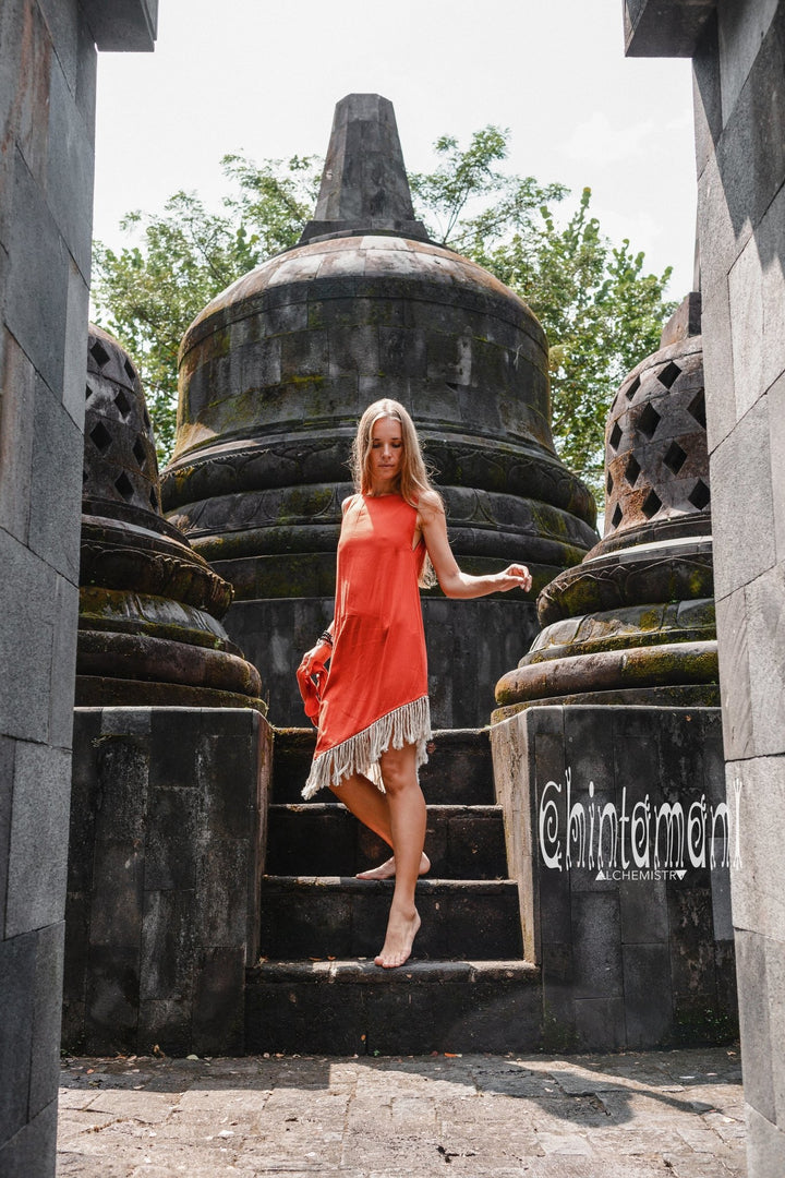 Bamboo Corner Fringe Dress for Women / Red Ochre - ChintamaniAlchemi