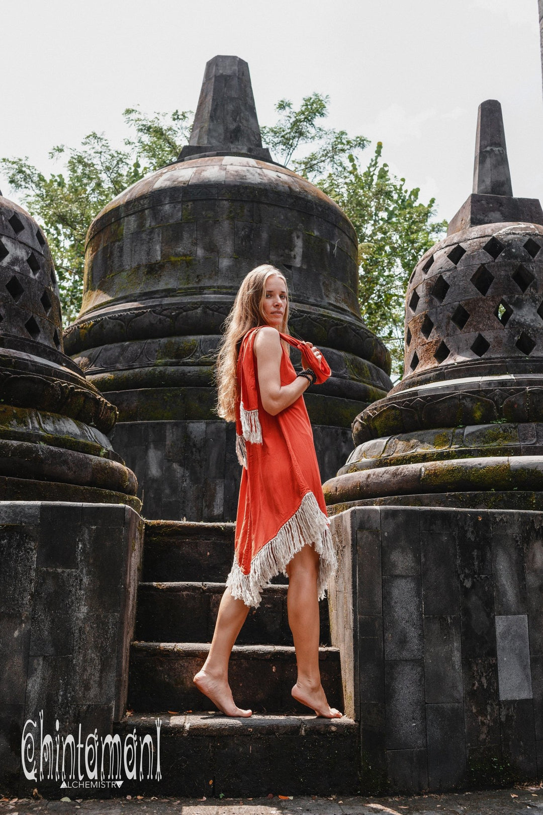 Bamboo Corner Fringe Dress for Women / Red Ochre - ChintamaniAlchemi