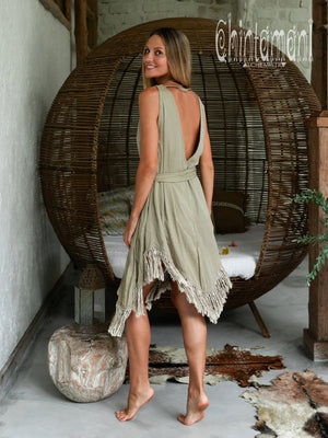 Bamboo Corner Fringe Dress for Women / Sage Green - ChintamaniAlchemi