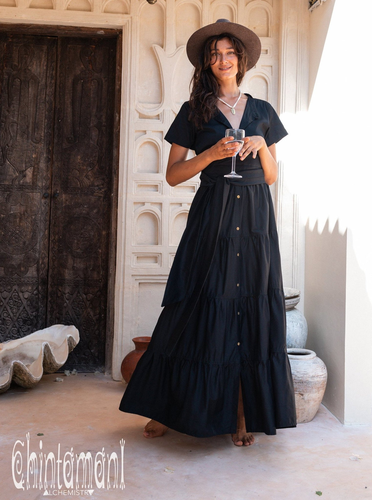 Bamboo Maxi Shirt Dress / Black - ChintamaniAlchemi