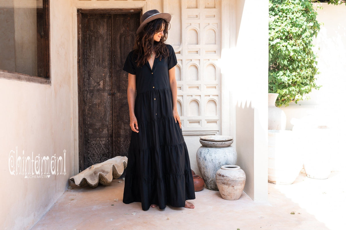 Bamboo Maxi Shirt Dress / Black - ChintamaniAlchemi