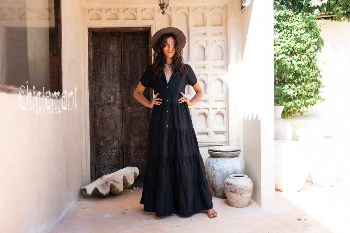 Bamboo Maxi Shirt Dress / Black - ChintamaniAlchemi