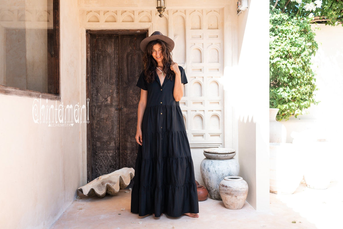 Bamboo Maxi Shirt Dress / Black - ChintamaniAlchemi