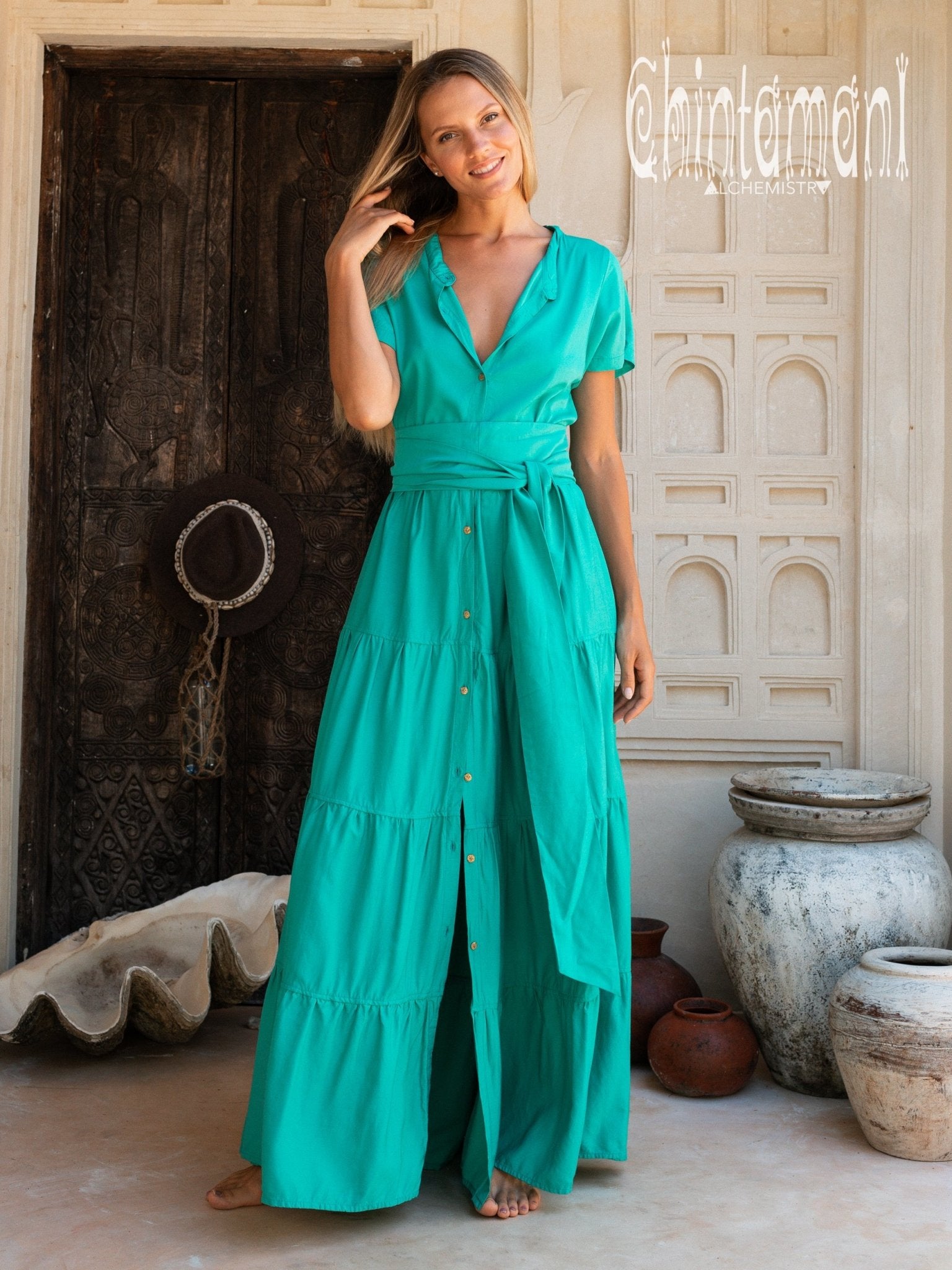 Bamboo Maxi Shirt Dress / Green - ChintamaniAlchemi