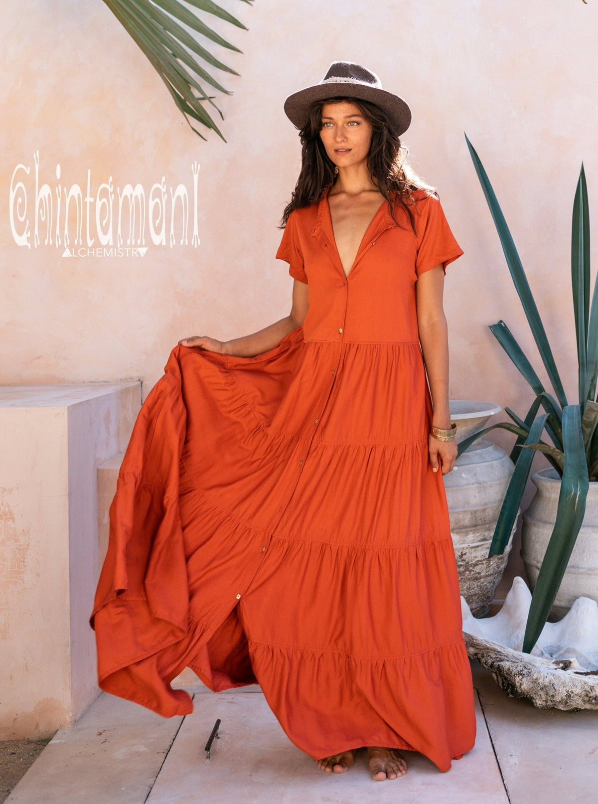 Bamboo Maxi Shirt Dress / Red Ochre - ChintamaniAlchemi