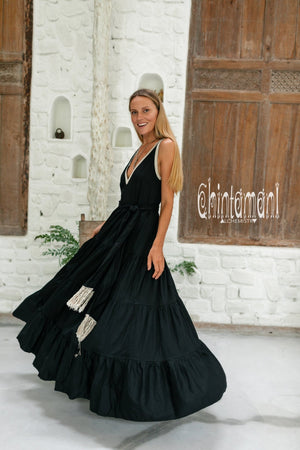 Bamboo Maxi Tiered Dress / Black - ChintamaniAlchemi