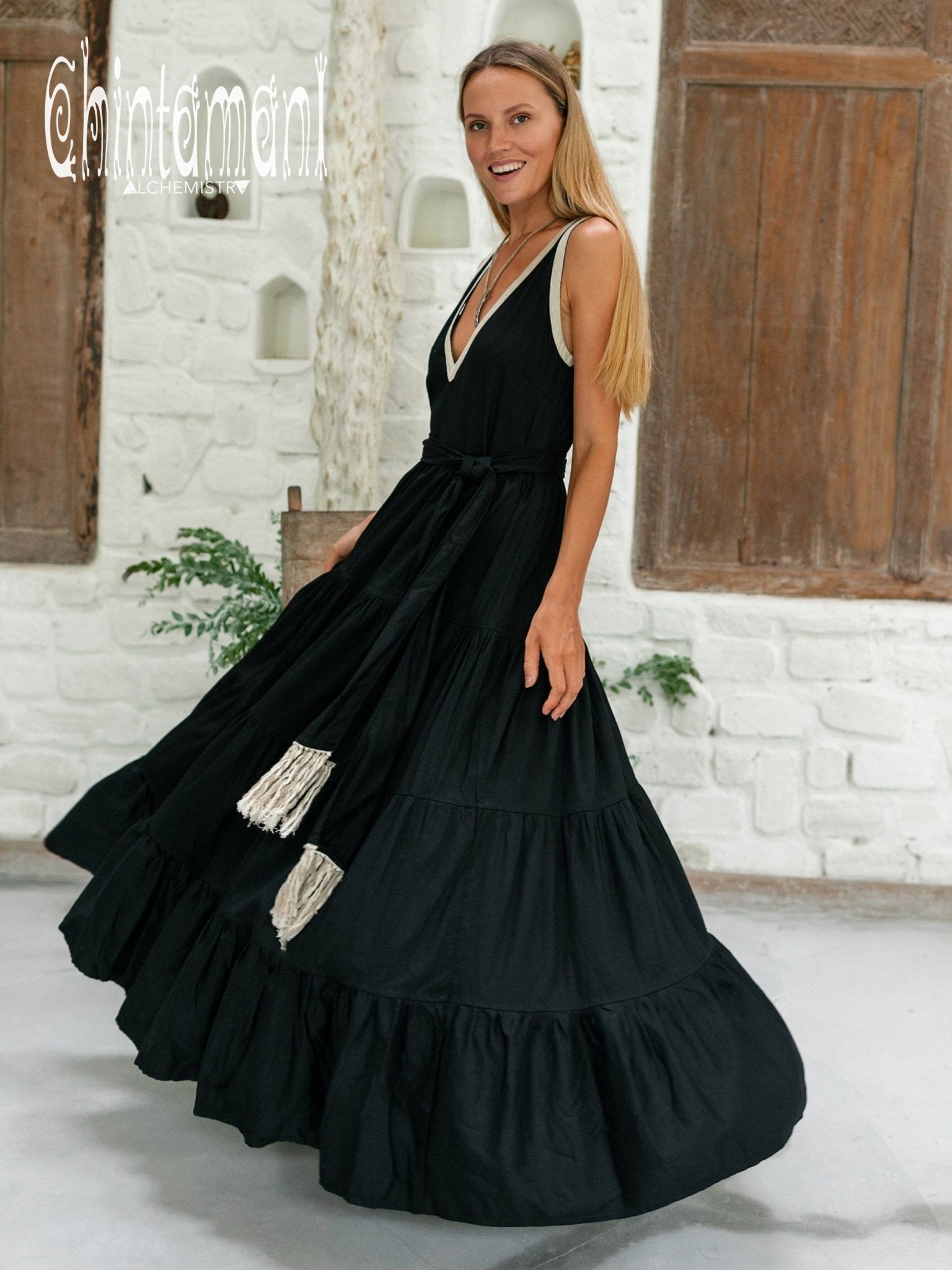 Bamboo Maxi Tiered Dress / Black - ChintamaniAlchemi