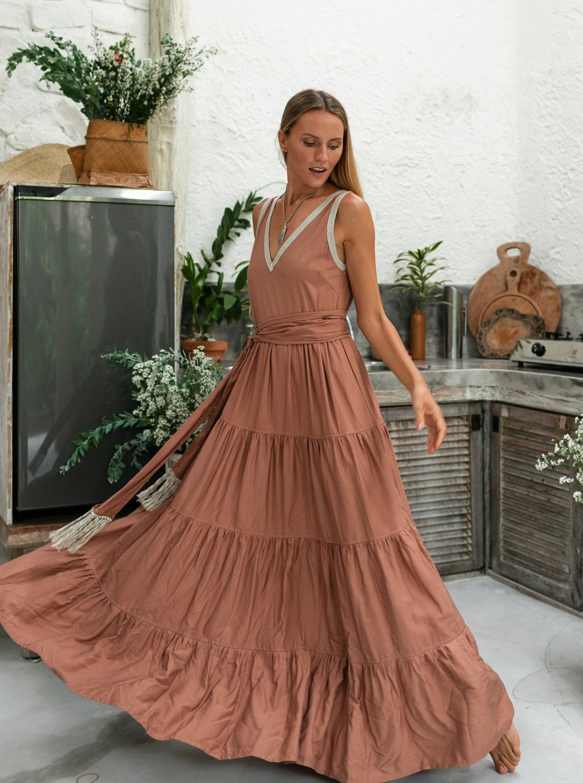 Bamboo Maxi Tiered Dress / Dusty Pink - ChintamaniAlchemi