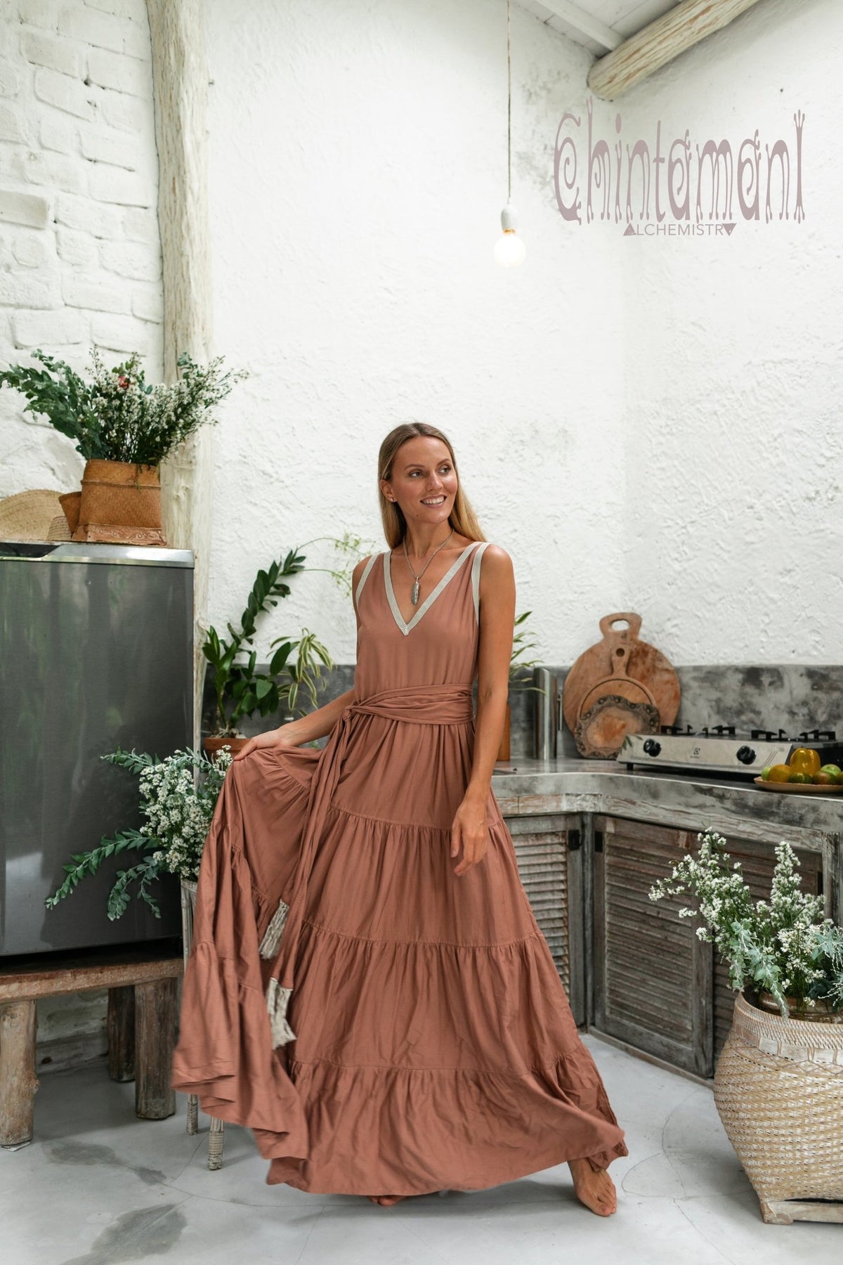 Bamboo Maxi Tiered Dress / Dusty Pink - ChintamaniAlchemi