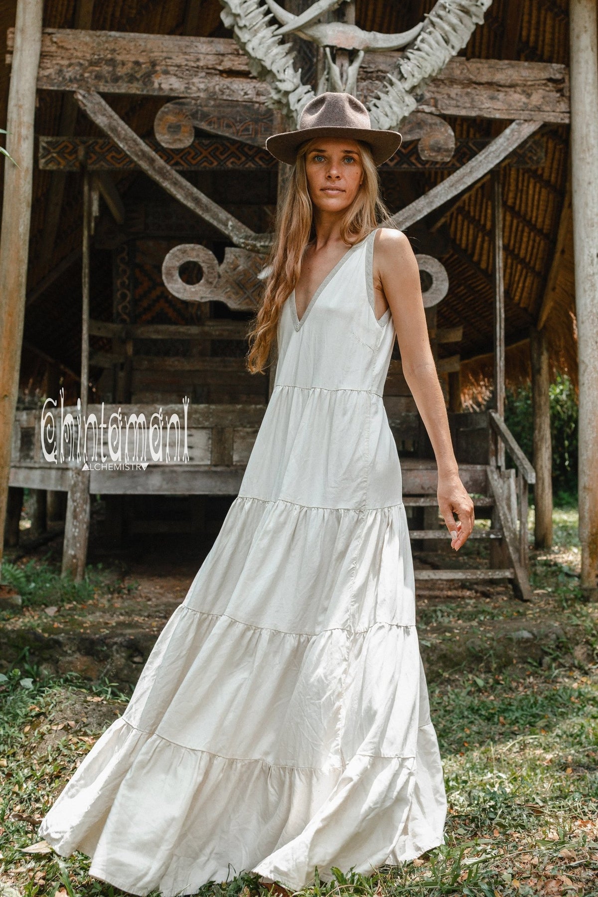 Bamboo Maxi Tiered Dress / Off White - ChintamaniAlchemi