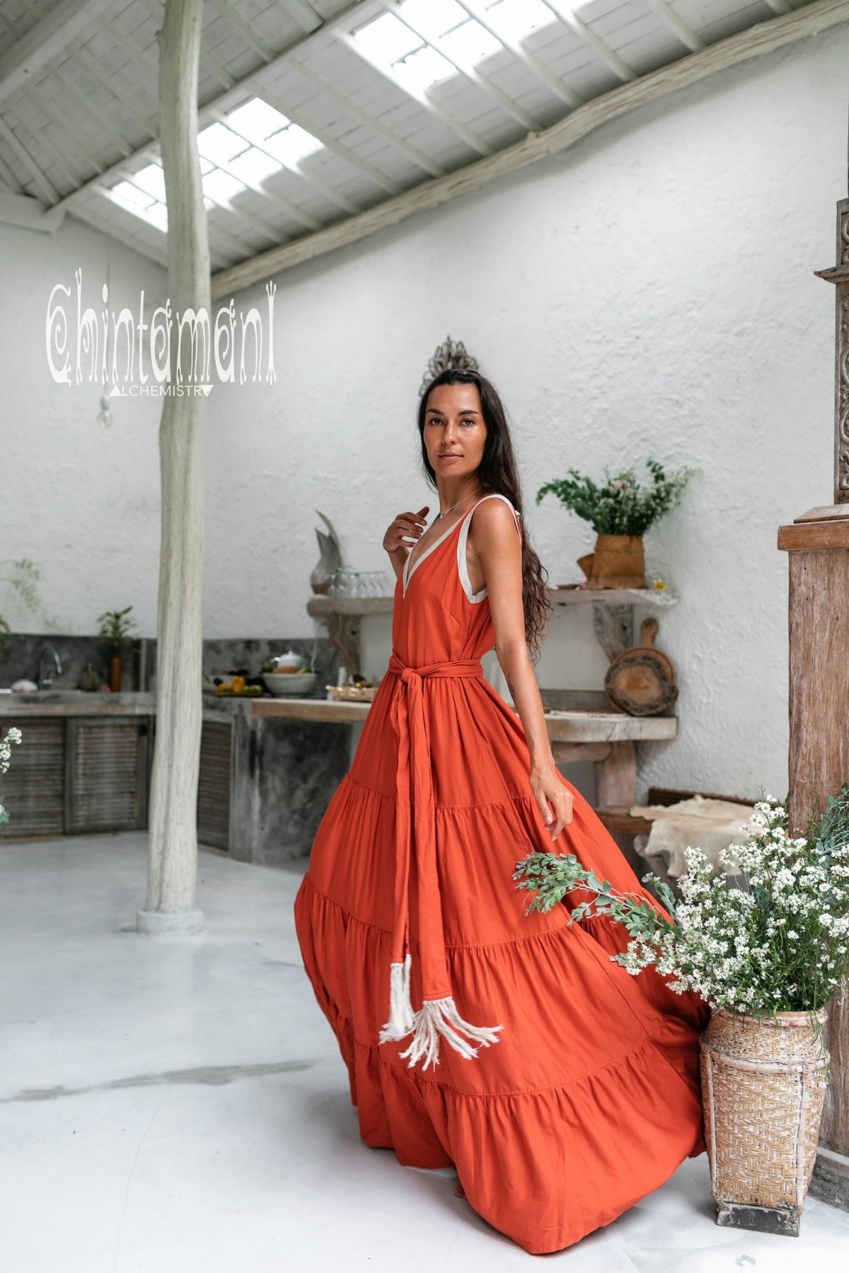 Bamboo Maxi Tiered Dress / Red Ochre - ChintamaniAlchemi