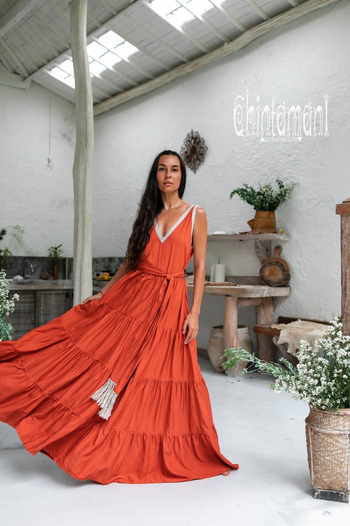 Bamboo Maxi Tiered Dress / Red Ochre - ChintamaniAlchemi