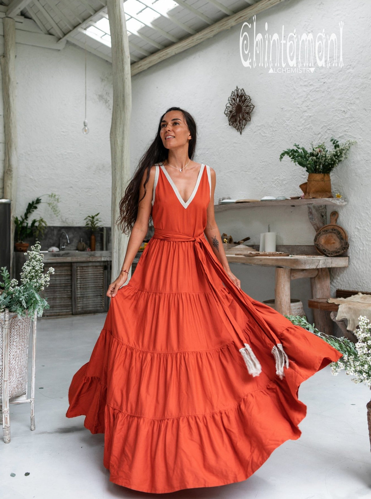 Bamboo Maxi Tiered Dress / Red Ochre - ChintamaniAlchemi