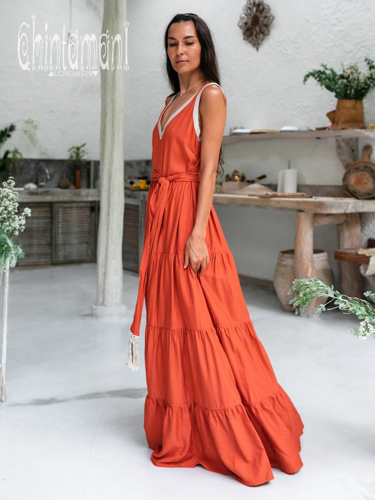 Bamboo Maxi Tiered Dress / Red Ochre - ChintamaniAlchemi