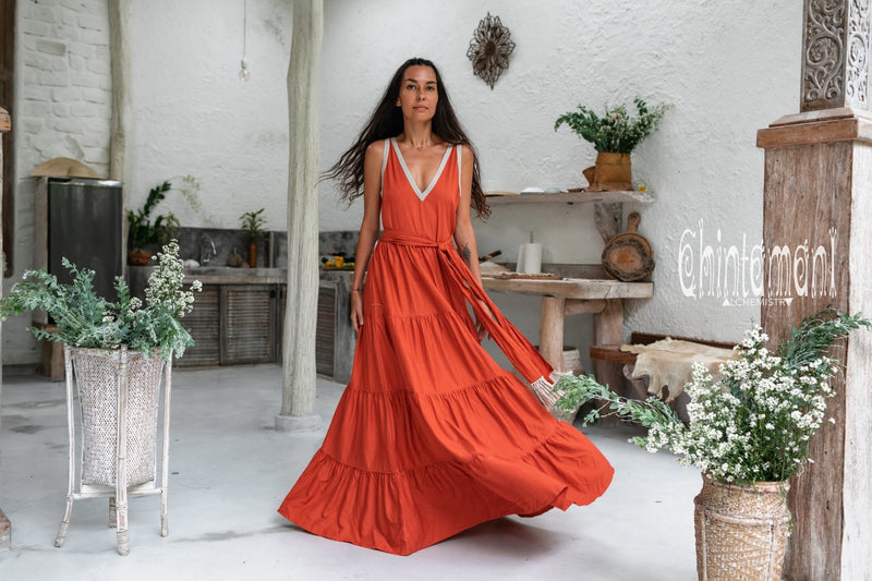 Bamboo Maxi Tiered Dress / Red Ochre - ChintamaniAlchemi