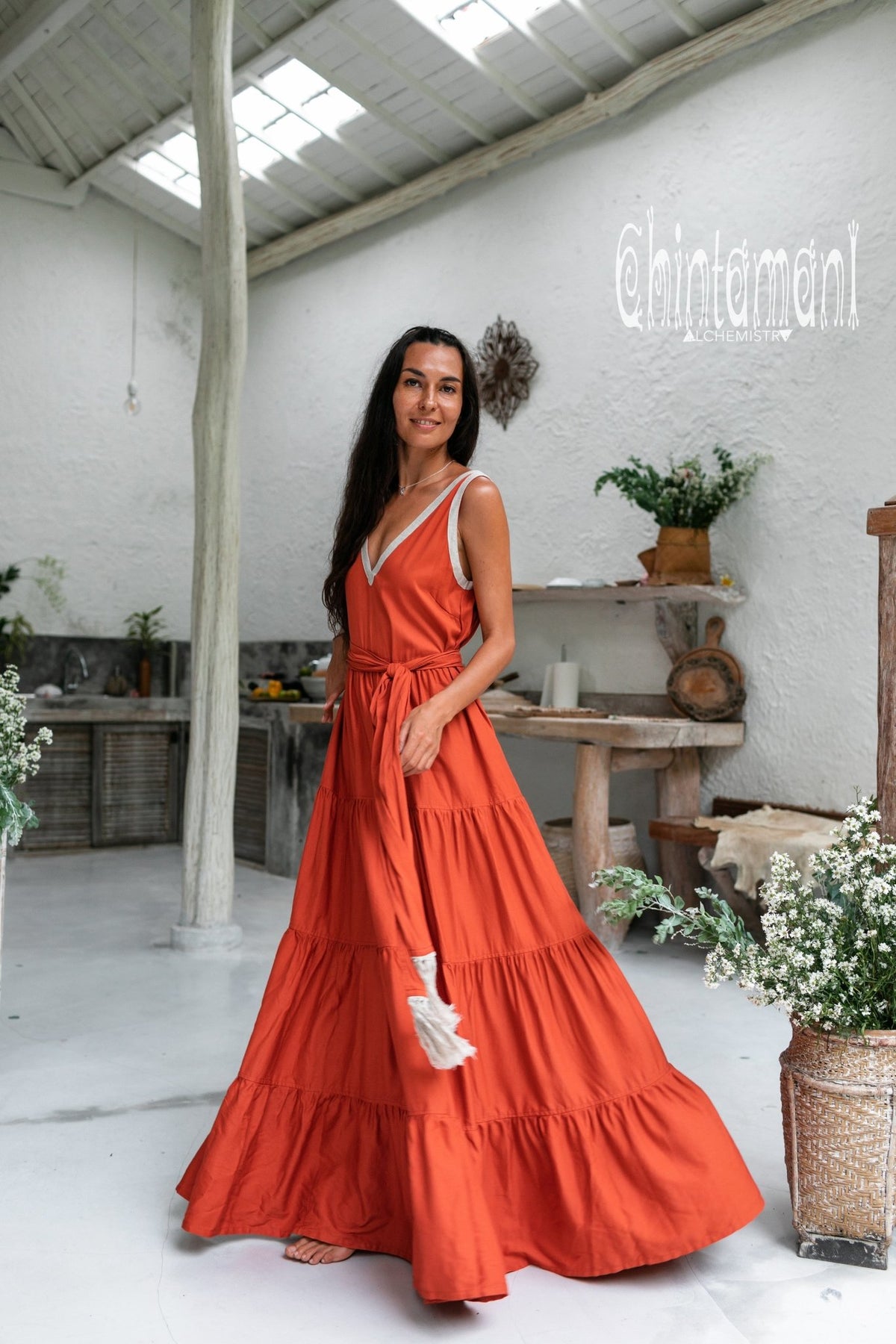 Bamboo Maxi Tiered Dress / Red Ochre - ChintamaniAlchemi