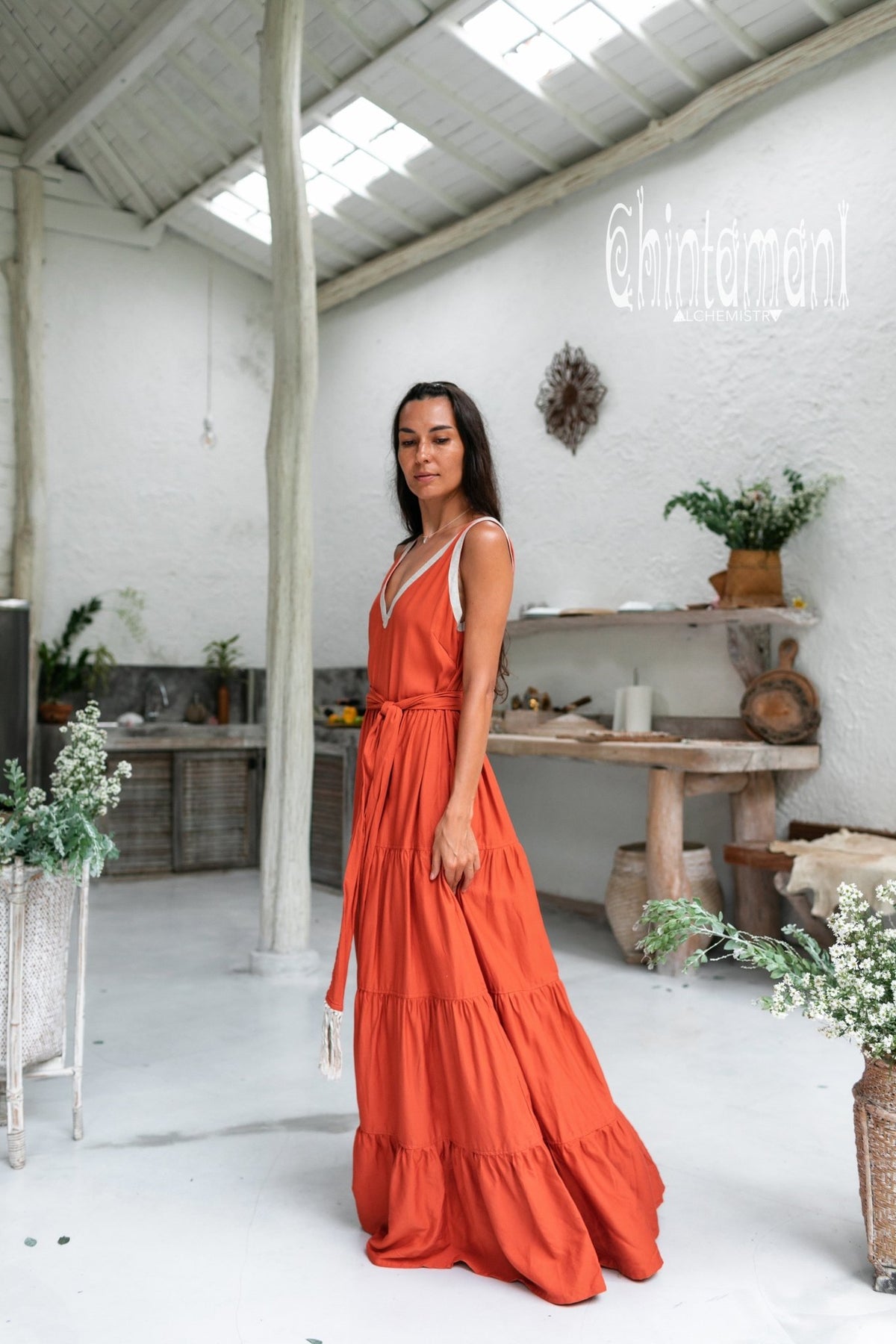 Bamboo Maxi Tiered Dress / Red Ochre - ChintamaniAlchemi