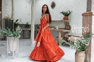 Bamboo Maxi Tiered Dress / Red Ochre - ChintamaniAlchemi