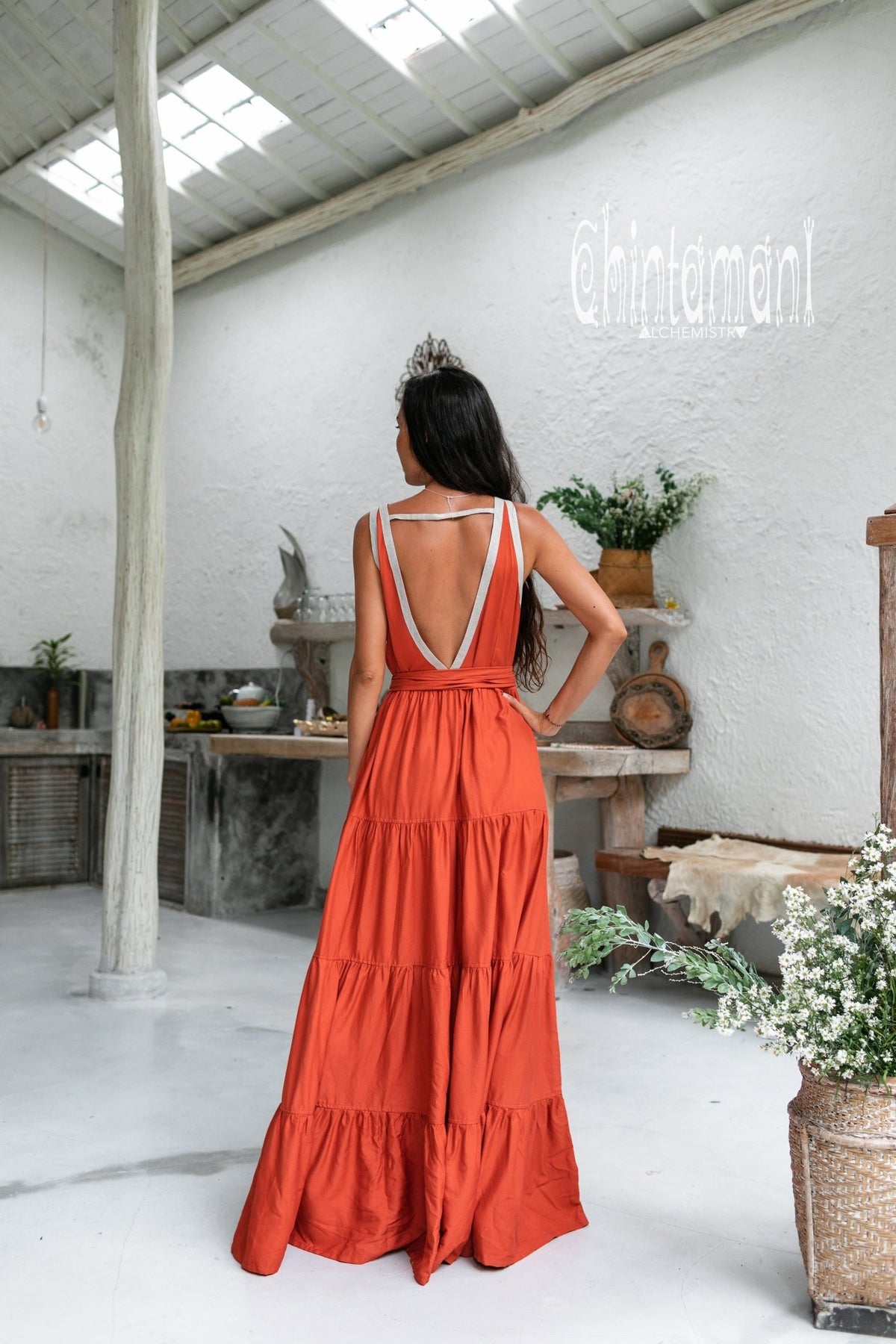 Bamboo Maxi Tiered Dress / Red Ochre - ChintamaniAlchemi