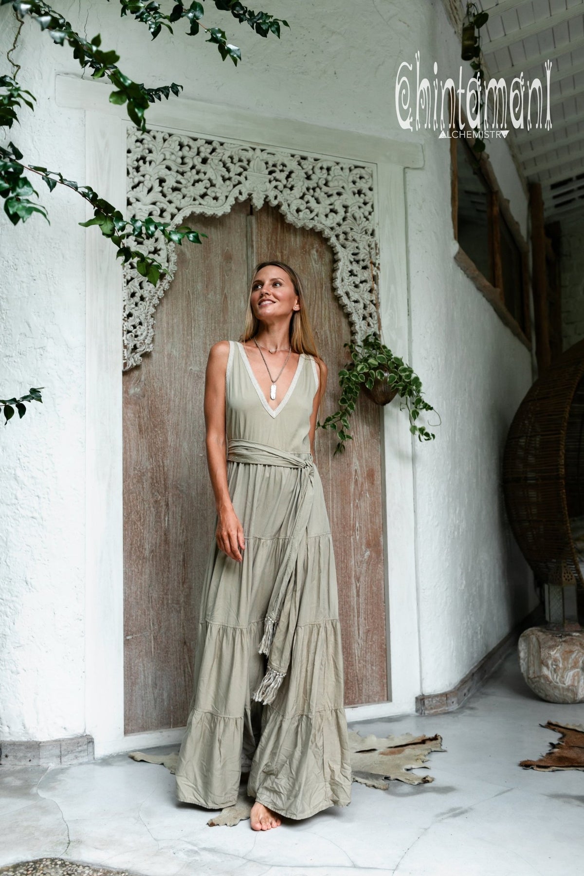 Bamboo Maxi Tiered Dress / Sage Green - ChintamaniAlchemi