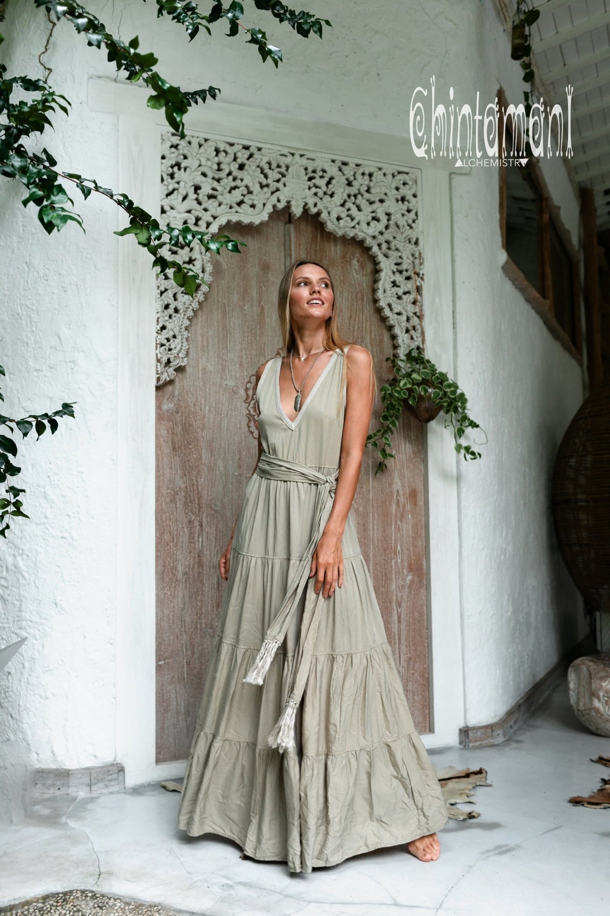 Bamboo Maxi Tiered Dress / Sage Green - ChintamaniAlchemi